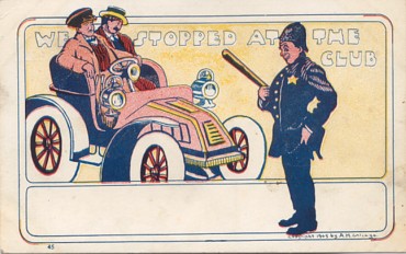 Featured is a postcard image depicting a couple of gentlemen who appear to have had a little too much to drink at their club!  Could be the first case of a DUI ... Drunken Driving of a horseless carriage.  The original unused 1905 postcard is for sale in The unltd.com Store.  